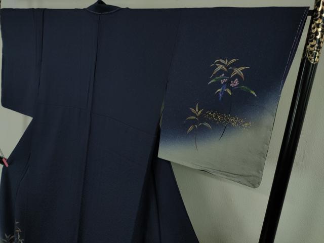 平和屋着物●極上　和紙染染色作家・植村彩弘　訪問着　南天草葉文　留紺色地　暈し染め　金彩　やまと誂製　逸品　未使用　DZAB4429kh6