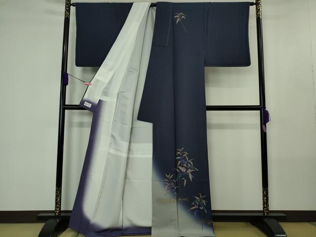 平和屋着物●極上　和紙染染色作家・植村彩弘　訪問着　南天草葉文　留紺色地　暈し染め　金彩　やまと誂製　逸品　未使用　DZAB4429kh6