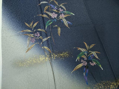 平和屋着物●極上　和紙染染色作家・植村彩弘　訪問着　南天草葉文　留紺色地　暈し染め　金彩　やまと誂製　逸品　未使用　DZAB4429kh6