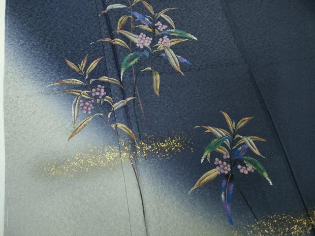 平和屋着物●極上　和紙染染色作家・植村彩弘　訪問着　南天草葉文　留紺色地　暈し染め　金彩　やまと誂製　逸品　未使用　DZAB4429kh6