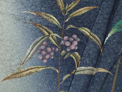 平和屋着物●極上　和紙染染色作家・植村彩弘　訪問着　南天草葉文　留紺色地　暈し染め　金彩　やまと誂製　逸品　未使用　DZAB4429kh6