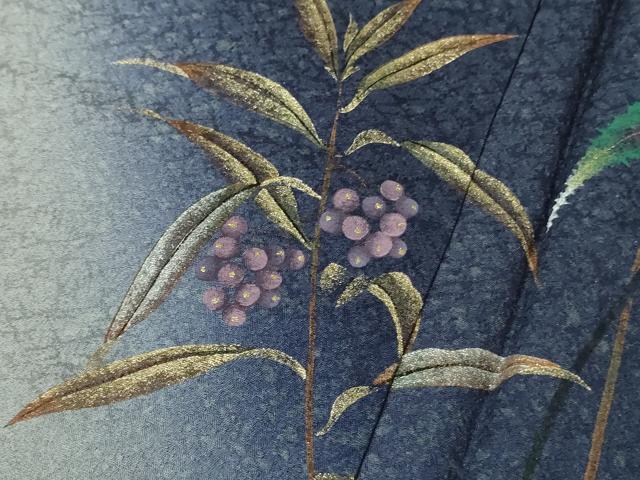 平和屋着物●極上　和紙染染色作家・植村彩弘　訪問着　南天草葉文　留紺色地　暈し染め　金彩　やまと誂製　逸品　未使用　DZAB4429kh6
