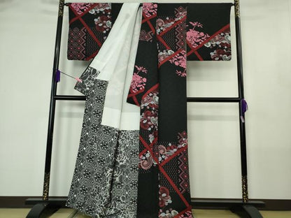 平和屋本店●極上　キモノデザイナー　斉藤上太郎　訪問着　立波草花文　黒地　反端付き　逸品　DZAB4436kh6