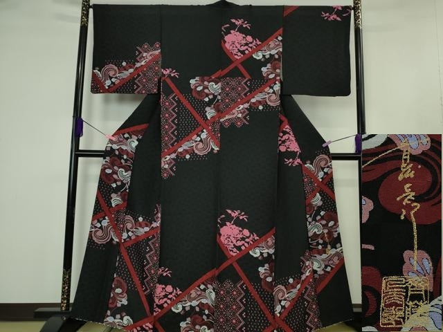 平和屋本店●極上　キモノデザイナー　斉藤上太郎　訪問着　立波草花文　黒地　反端付き　逸品　DZAB4436kh6