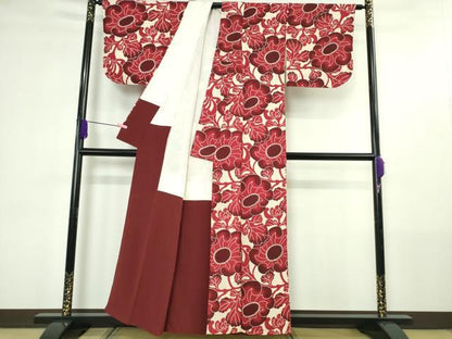 平和屋本店●極上　浦野理一　型染　小紋　花唐草文　鬼しぼ縮緬　逸品　DZAB4440kh6