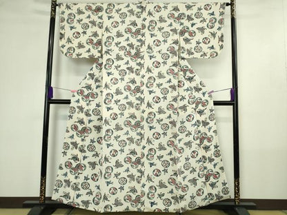 平和屋本店●極上　浦野理一　型染　小紋　舞蝶花丸文　鬼しぼ縮緬　逸品　DZAB4441kh6