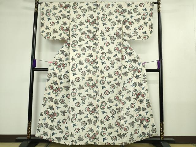 平和屋本店●極上　浦野理一　型染　小紋　舞蝶花丸文　鬼しぼ縮緬　逸品　DZAB4441kh6