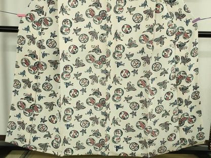 平和屋本店●極上　浦野理一　型染　小紋　舞蝶花丸文　鬼しぼ縮緬　逸品　DZAB4441kh6