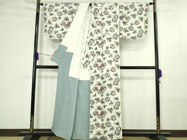 平和屋本店●極上　浦野理一　型染　小紋　舞蝶花丸文　鬼しぼ縮緬　逸品　DZAB4441kh6