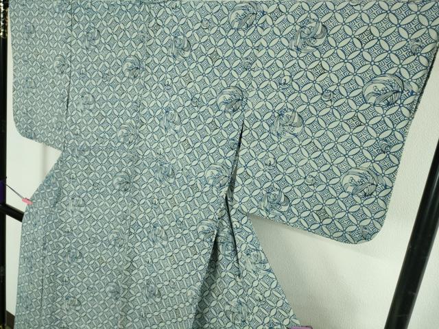 平和屋本店▽極上　浦野理一　型染　小紋　単衣　七宝　南天草葉丸文　鬼しぼ縮緬　逸品　DZAB4442kh6