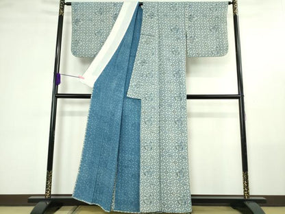 平和屋本店▽極上　浦野理一　型染　小紋　単衣　七宝　南天草葉丸文　鬼しぼ縮緬　逸品　DZAB4442kh6