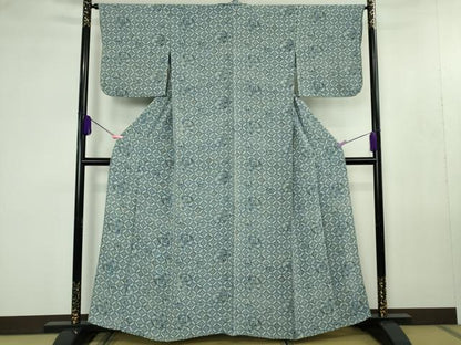 平和屋本店▽極上　浦野理一　型染　小紋　単衣　七宝　南天草葉丸文　鬼しぼ縮緬　逸品　DZAB4442kh6