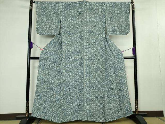 平和屋本店▽極上　浦野理一　型染　小紋　単衣　七宝　南天草葉丸文　鬼しぼ縮緬　逸品　DZAB4442kh6