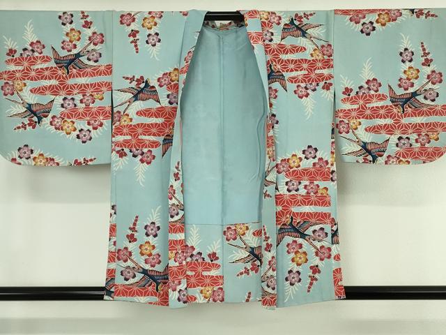 平和屋本店∞極上　浦野理一　型染　羽織　エ霞飛鳥舞花文　水色地　羽織紐付き　逸品　DZAB4452kh6