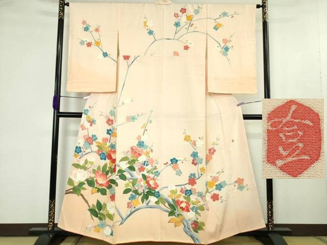 平和屋着物●極上　本加賀友禅作家　成竹登茂男　訪問着　枝花文　肌色地　暈し染め　逸品　DZAB4488kh6