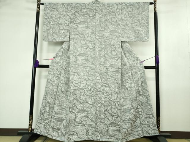 平和屋着物●極上　山岡古都・古都染人　染織美術品　薬墨染　天目織　お召　銀古都　反端付き　逸品　DZAB4491kh6