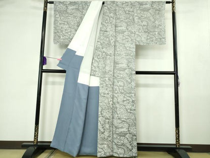 平和屋着物●極上　山岡古都・古都染人　染織美術品　薬墨染　天目織　お召　銀古都　反端付き　逸品　DZAB4491kh6