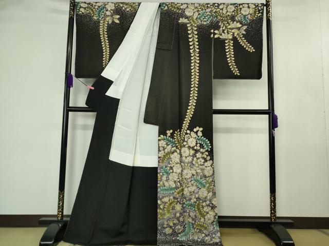 平和屋本店●極上　訪問着　辻が花　暈し染め　黒地　金彩　反端付き　ロング丈　逸品　未使用　DZAB4496kh6