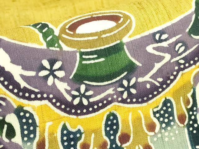 平和屋着物●極上　本場琉球紅型　琉球びんがた　知念紅型研究所　知念貞男　九寸名古屋帯　紬地　陶器文　逸品　DZAB4501kh6