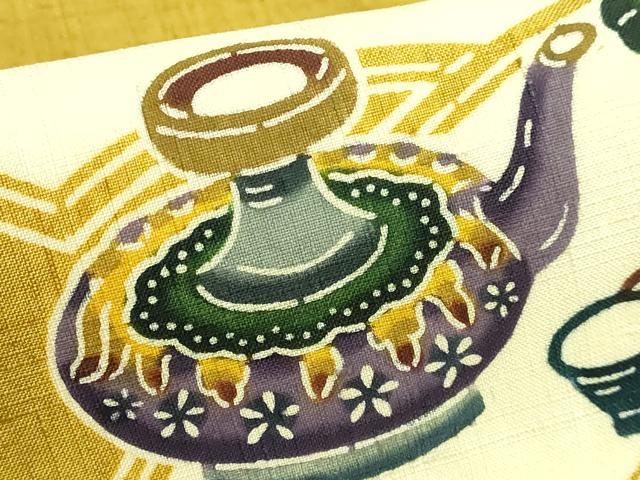 平和屋着物●極上　本場琉球紅型　琉球びんがた　知念紅型研究所　知念貞男　九寸名古屋帯　紬地　陶器文　逸品　DZAB4501kh6