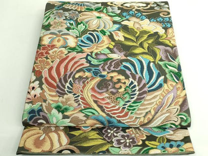 平和屋着物●極上　西陣　白綾苑大庭　六通柄袋帯　鳳凰花文　濃い老竹色地　金糸　逸品　DZAB4512kh6