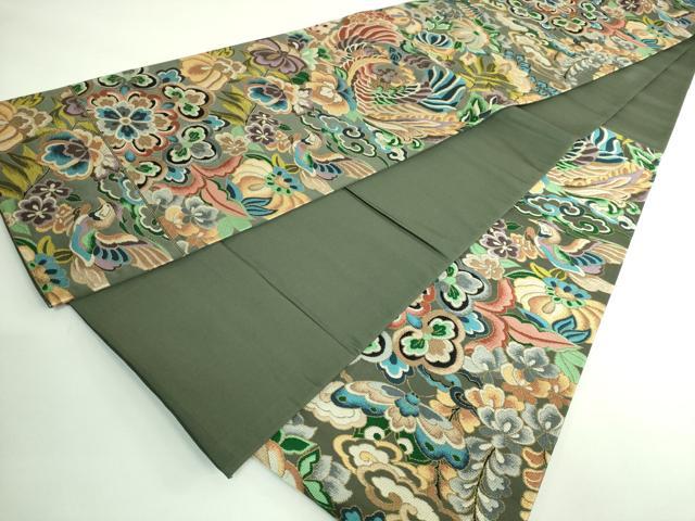 平和屋着物●極上　西陣　白綾苑大庭　六通柄袋帯　鳳凰花文　濃い老竹色地　金糸　逸品　DZAB4512kh6