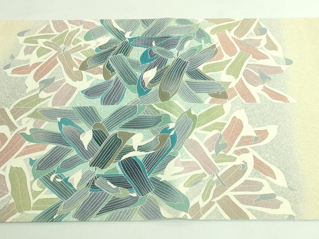 平和屋着物●希少　染織工芸作家　京手描友禅　田村信之　太鼓柄袋帯　葉尽くし　金通し地　逸品　DZAB4513kh6