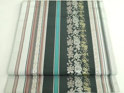 平和屋着物●極上　本場筑前博多織　八寸名古屋帯　草花間道　逸品　DZAB4538kh6