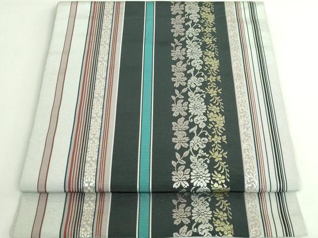 平和屋着物●極上　本場筑前博多織　八寸名古屋帯　草花間道　逸品　DZAB4538kh6