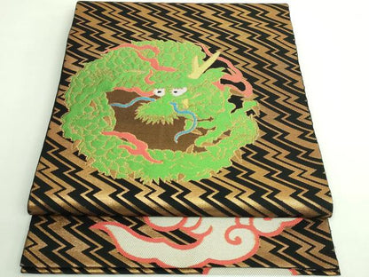 平和屋着物●極上　桝屋高尾　六通柄袋帯　雲龍　黒地　金糸　逸品　DZAB4554kh6