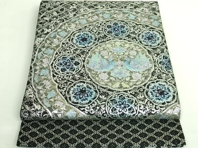 平和屋着物●極上　太鼓柄袋帯　双鳥花文　黒地　金彩　逸品　DZAB4561kh6