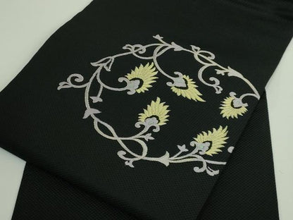 平和屋着物●極上　九寸名古屋帯　花唐草　黒地　金糸　逸品　DZAB4575kh6