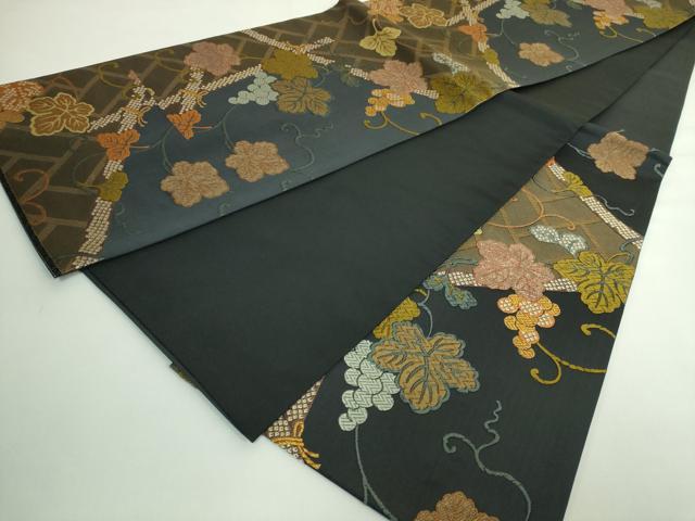 平和屋本店●極上　織文意匠鈴木　六通柄袋帯　唐織　さがの花　葡萄蔦の葉　黒地　金糸　逸品　DZAB4576kh6
