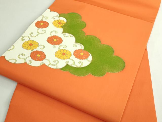 平和屋着物●極上　銀座　志ま亀　塩瀬　九寸名古屋帯　雲取り花唐草　橙色地　金彩　たとう紙付き　逸品　DZAB4587kh6