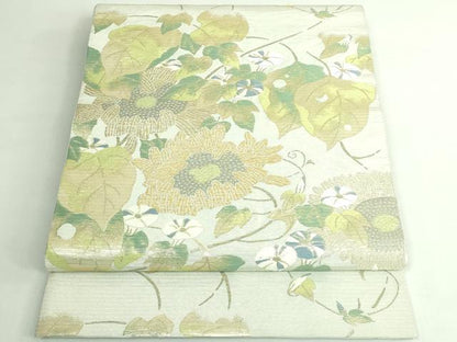 平和屋着物●極上　西陣　川島織物　六通柄　本袋帯　朝顔　向日葵　絹鼠色地　金糸　逸品　DZAB4595kh6