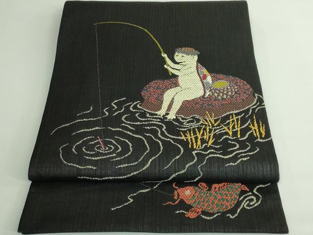 平和屋着物●極上　太鼓柄袋帯　スリーシーズン帯　河童　カッパ　釣り　黒地　金糸　逸品　DZAB4597kh6