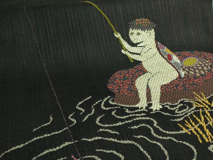 平和屋着物●極上　太鼓柄袋帯　スリーシーズン帯　河童　カッパ　釣り　黒地　金糸　逸品　DZAB4597kh6
