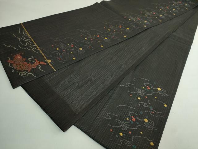 平和屋着物●極上　太鼓柄袋帯　スリーシーズン帯　河童　カッパ　釣り　黒地　金糸　逸品　DZAB4597kh6