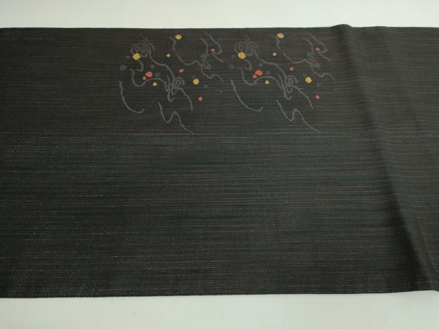 平和屋着物●極上　太鼓柄袋帯　スリーシーズン帯　河童　カッパ　釣り　黒地　金糸　逸品　DZAB4597kh6