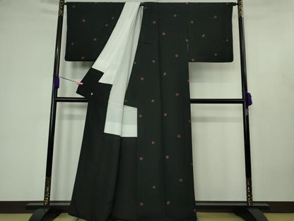 平和屋着物●極上　越後染印傳　日本産本漆　小紋　水国織物謹製　源氏香　黒地　証紙付き　逸品　DZAB4604kh6