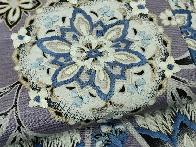 平和屋本店●極上　中国三大刺繍 スワトウ刺繍 本場縞大島紬 訪問着　花唐草　金彩　宮之原織物謹製　証紙付き　逸品　未使用　DZAB4606kh6