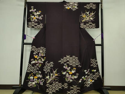 平和屋本店●極上　工芸キモノ野口　訪問着　駒刺繍　花束　紫黒色地　金彩　逸品　DZAB4607kh6