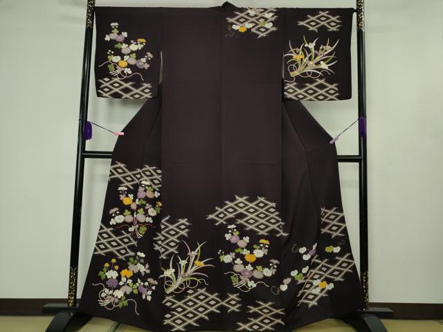 平和屋本店●極上　工芸キモノ野口　訪問着　駒刺繍　花束　紫黒色地　金彩　逸品　DZAB4607kh6