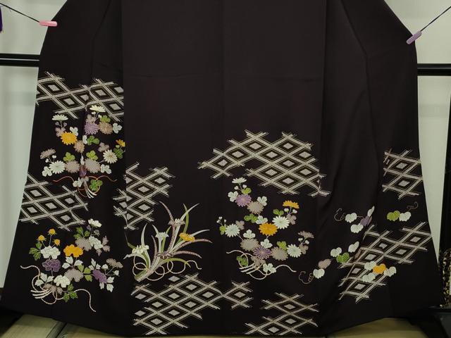 平和屋本店●極上　工芸キモノ野口　訪問着　駒刺繍　花束　紫黒色地　金彩　逸品　DZAB4607kh6