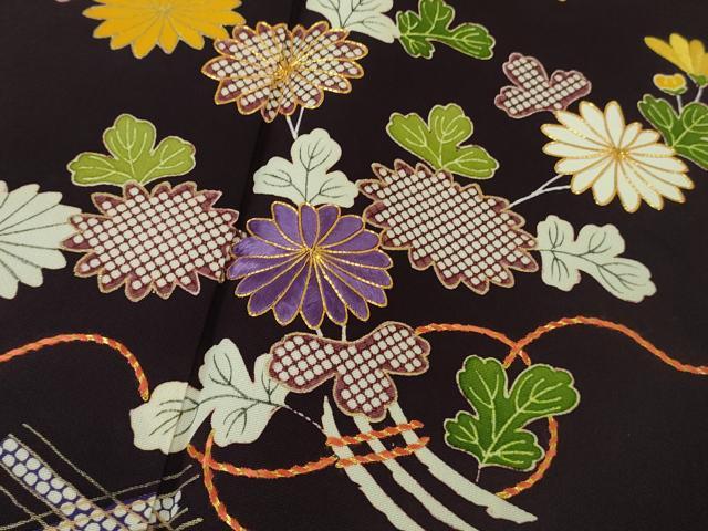平和屋本店●極上　工芸キモノ野口　訪問着　駒刺繍　花束　紫黒色地　金彩　逸品　DZAB4607kh6