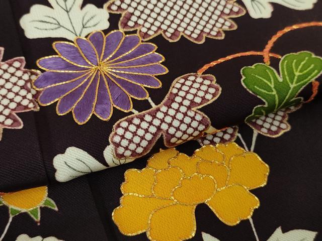 平和屋本店●極上　工芸キモノ野口　訪問着　駒刺繍　花束　紫黒色地　金彩　逸品　DZAB4607kh6