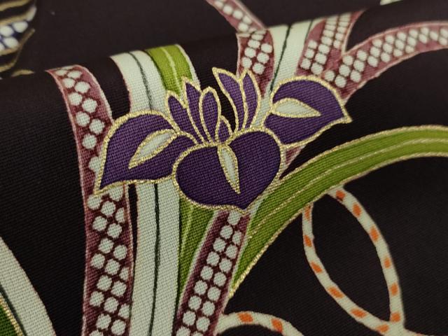 平和屋本店●極上　工芸キモノ野口　訪問着　駒刺繍　花束　紫黒色地　金彩　逸品　DZAB4607kh6