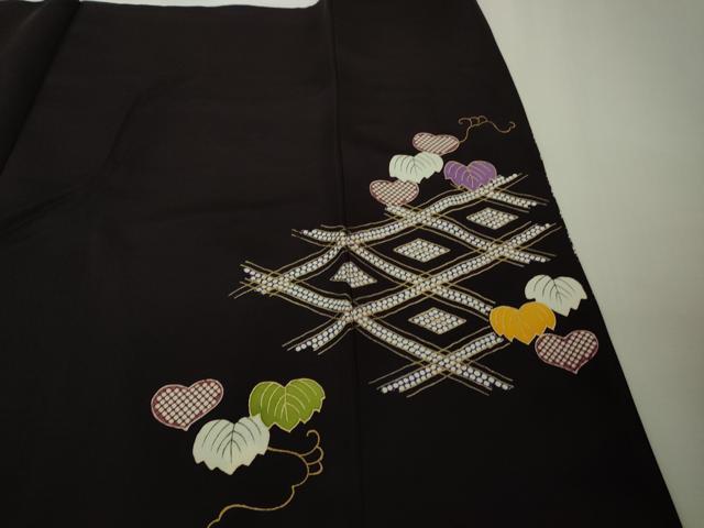 平和屋本店●極上　工芸キモノ野口　訪問着　駒刺繍　花束　紫黒色地　金彩　逸品　DZAB4607kh6