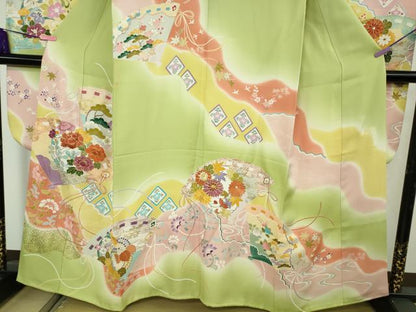 平和屋本店●極上　創業460年・千總　振袖　駒刺繍　檜扇花文　若葉色地　暈し染め　金彩　逸品　DZAB4608kh6