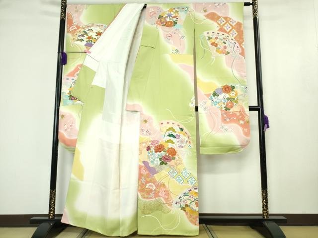 平和屋本店●極上　創業460年・千總　振袖　駒刺繍　檜扇花文　若葉色地　暈し染め　金彩　逸品　DZAB4608kh6